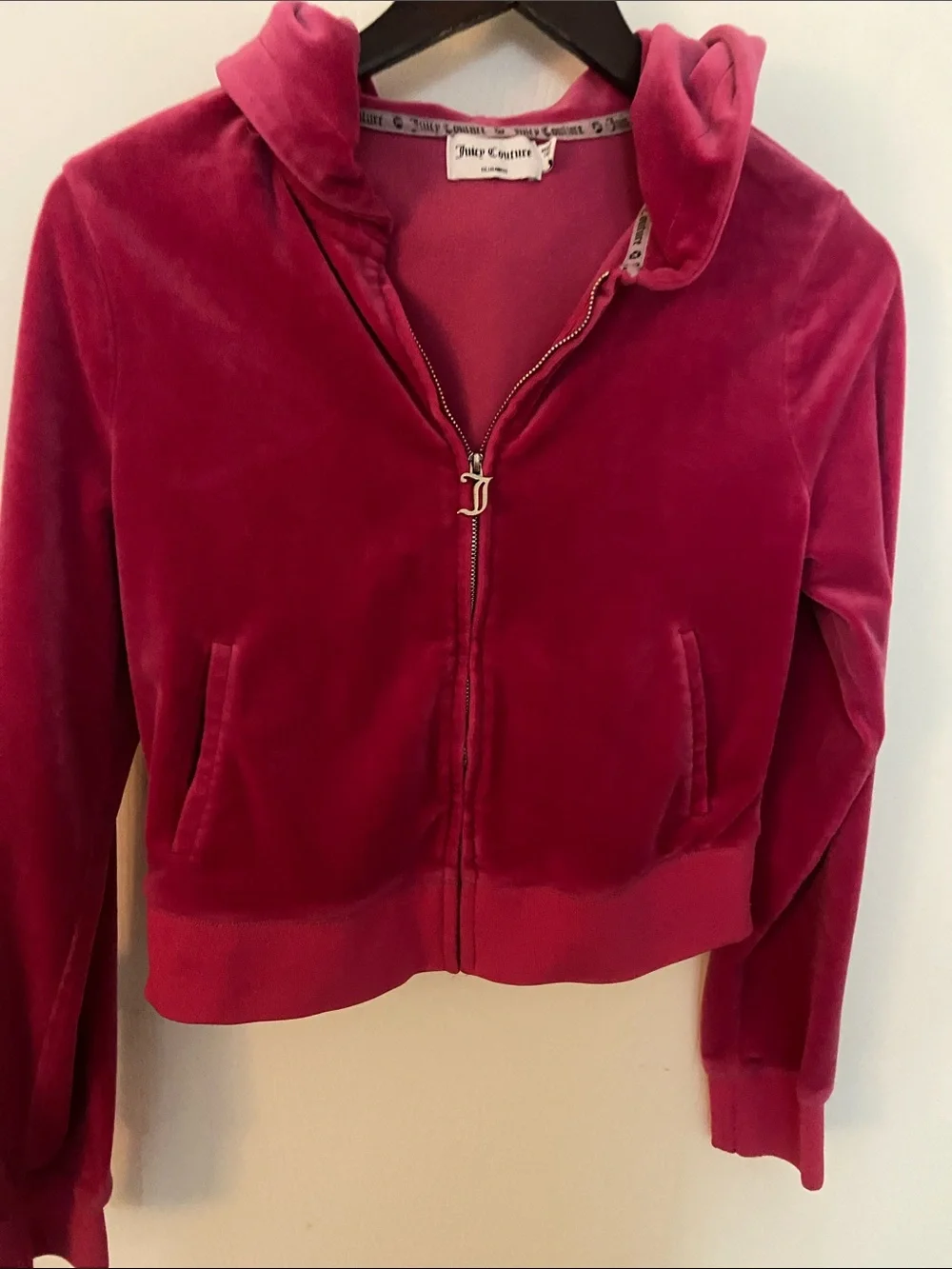 Juicy Couture Raspberry Velour Hoodie with Rhinestone Logo